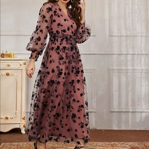 Floral mesh belted surplice front dress